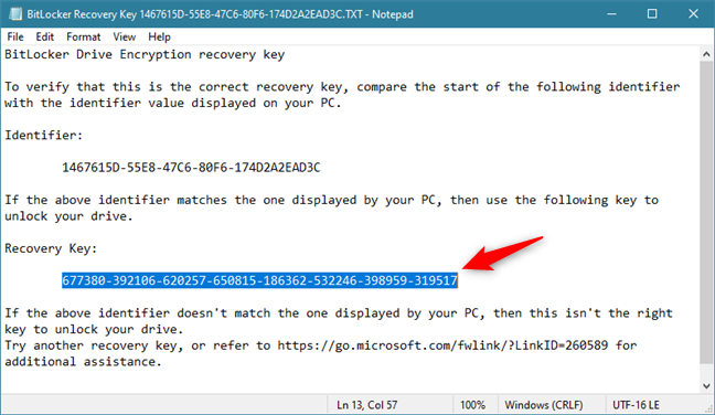 USB 隨身碟中 txt 檔案中的 BitLocker 復原金鑰