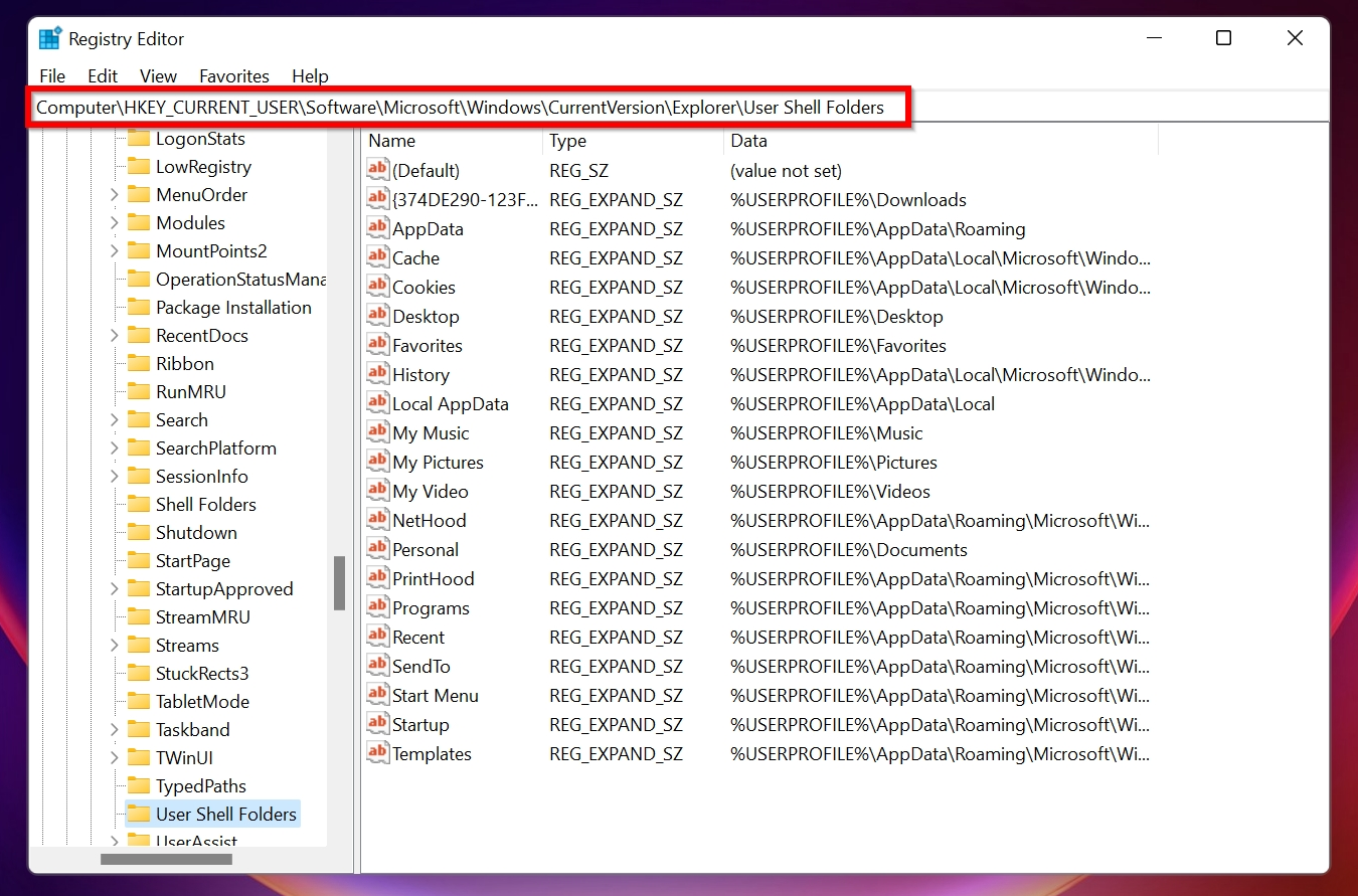Windows 登錄編輯器中的使用者 Shell 資料夾屏幕。