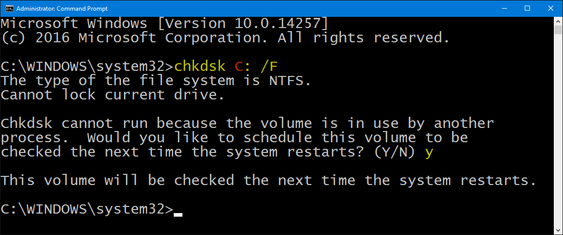 在命令提示字元下輸入 chkdsk c f